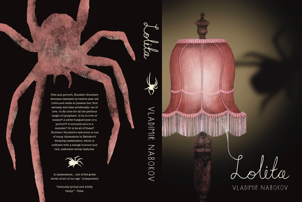 book cover spread of Vladimir Nabokov's Lolita with pink lamp shade and spider silhouette.