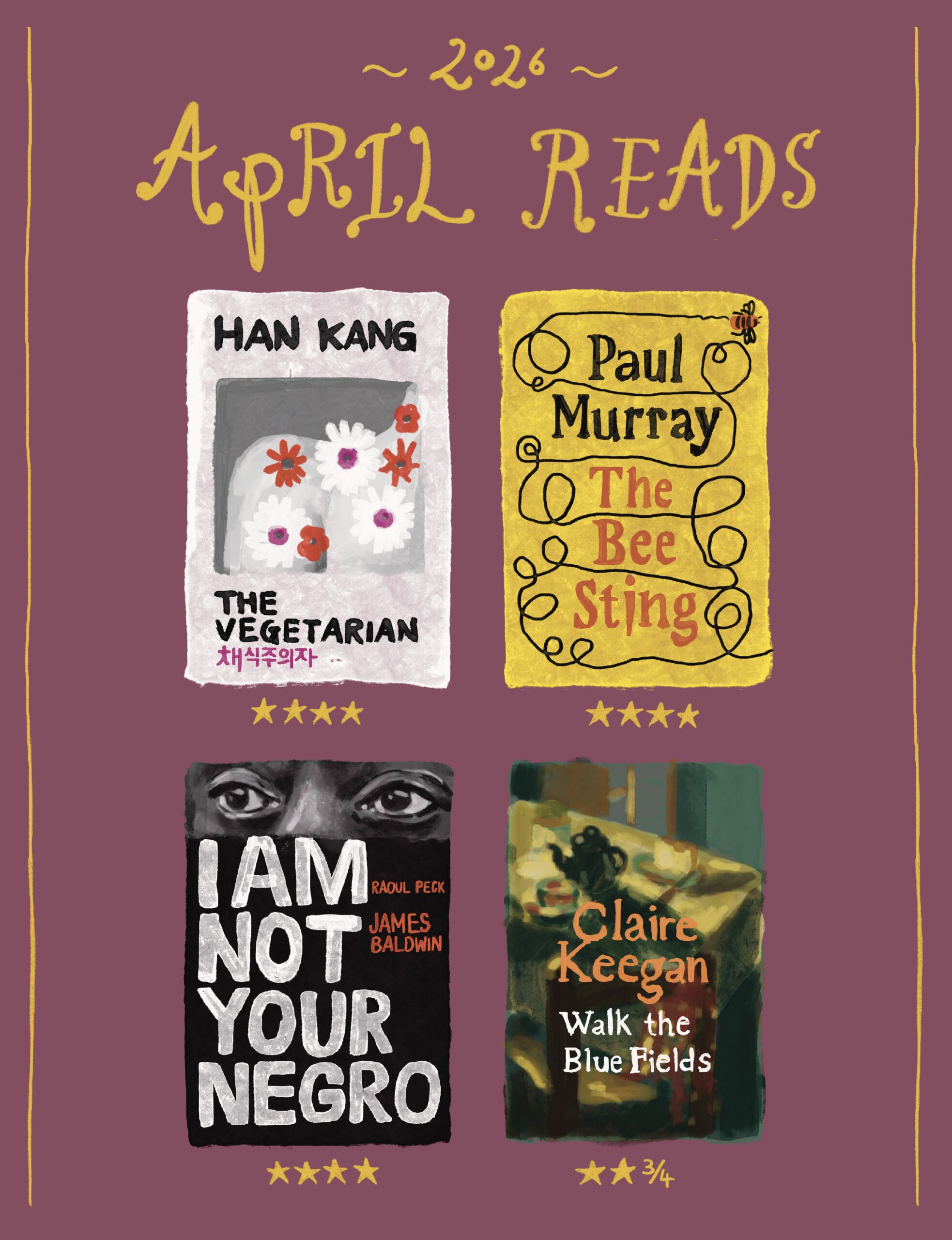 Illustrations of book covers of Emma's April Reads of 2026