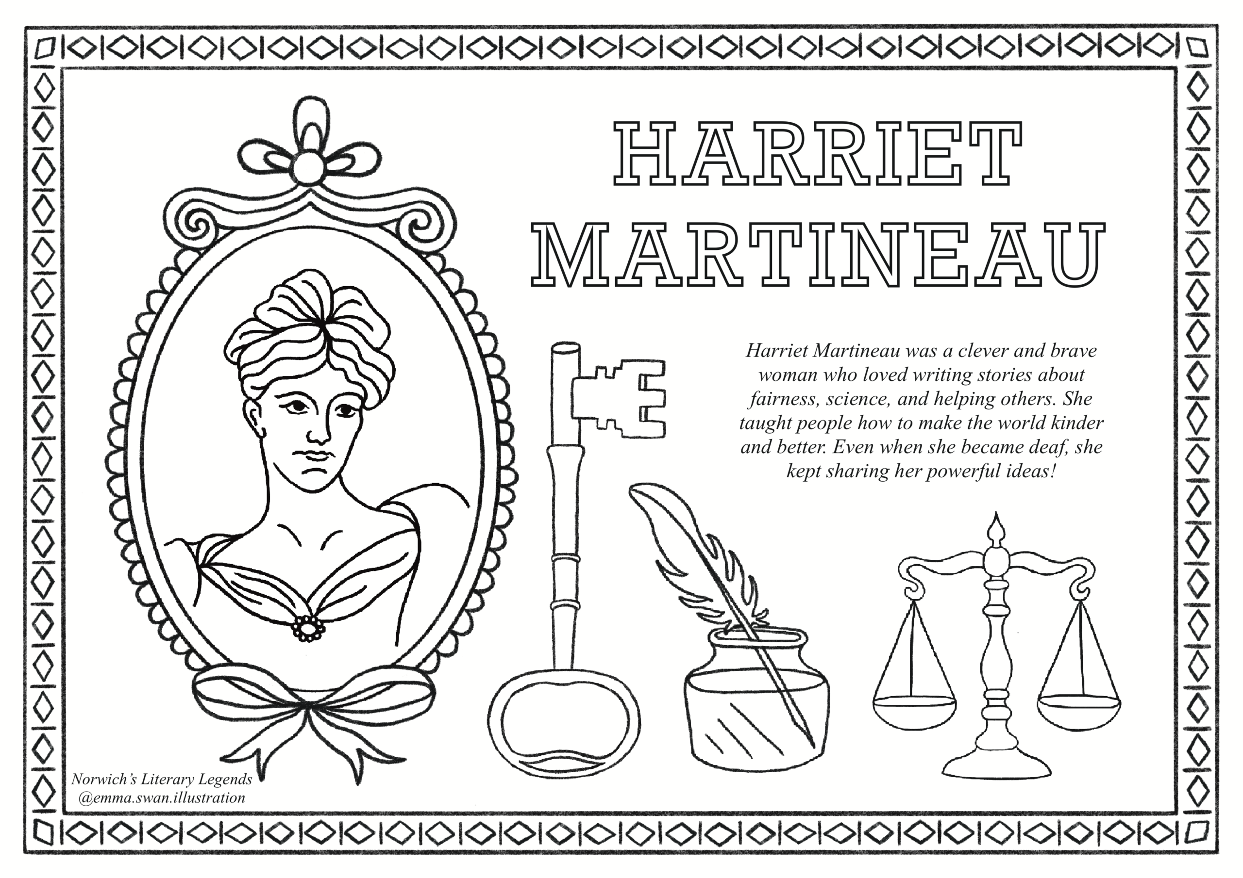 Harriet Martineau colouring sheet for Norwich Book Festival