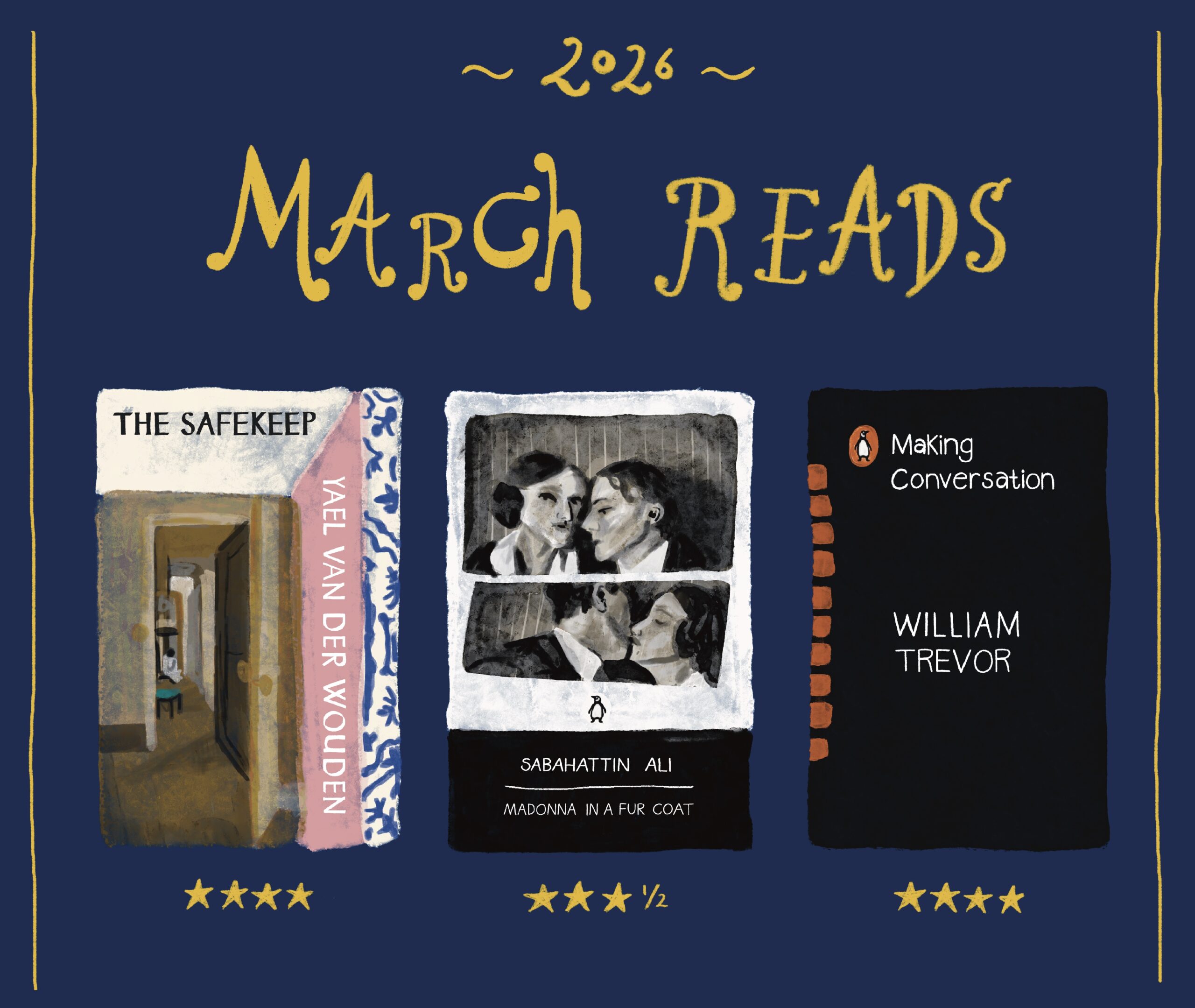Illustrations of book covers of Emma's March Reads of 2026
